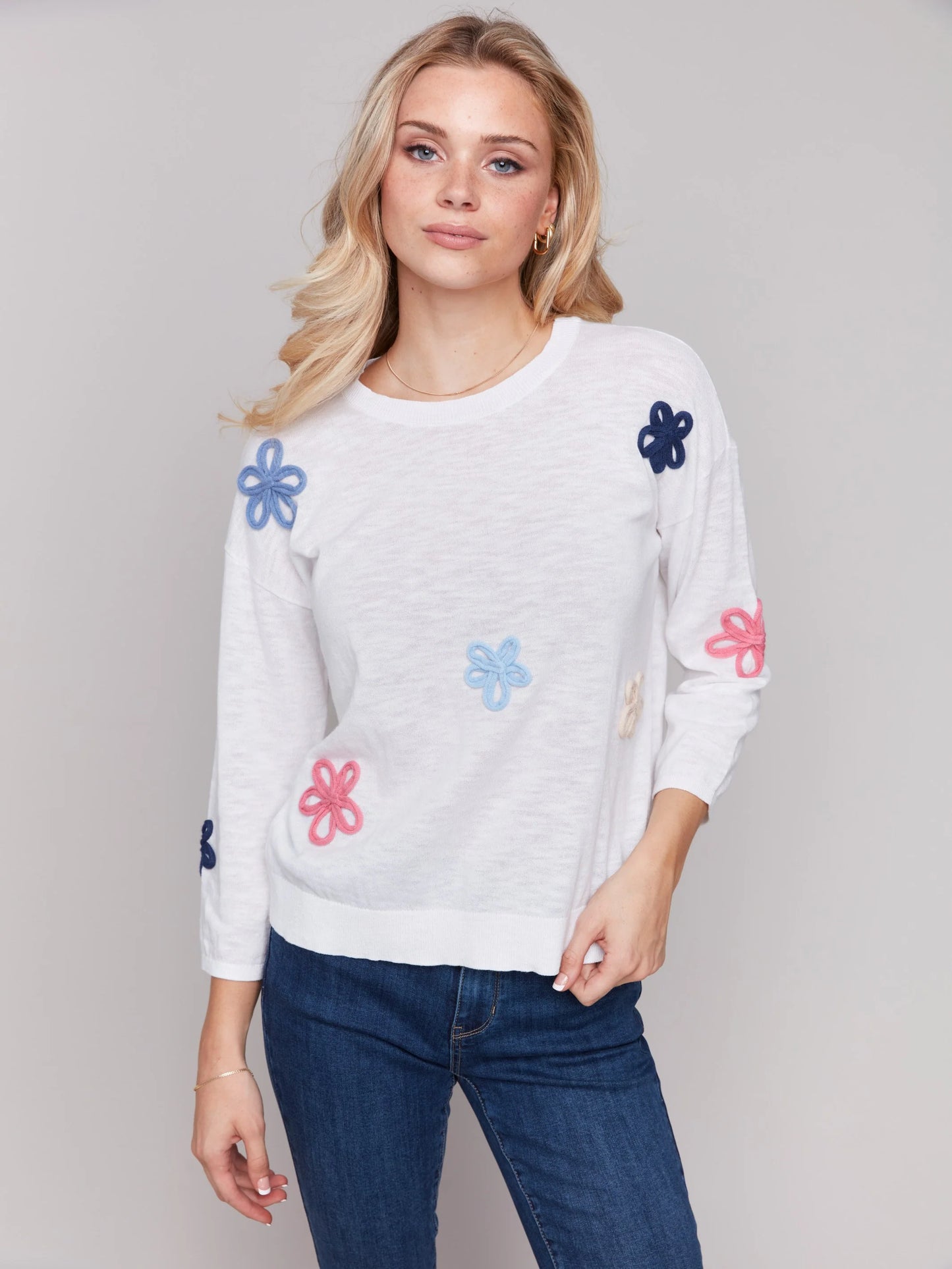 C.B C2643R Cotton Sweater with Flower Patches