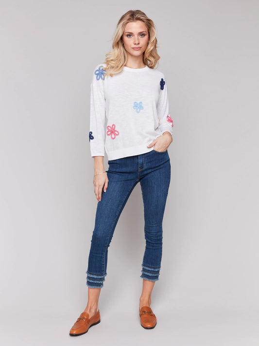 C.B C2643R Cotton Sweater with Flower Patches