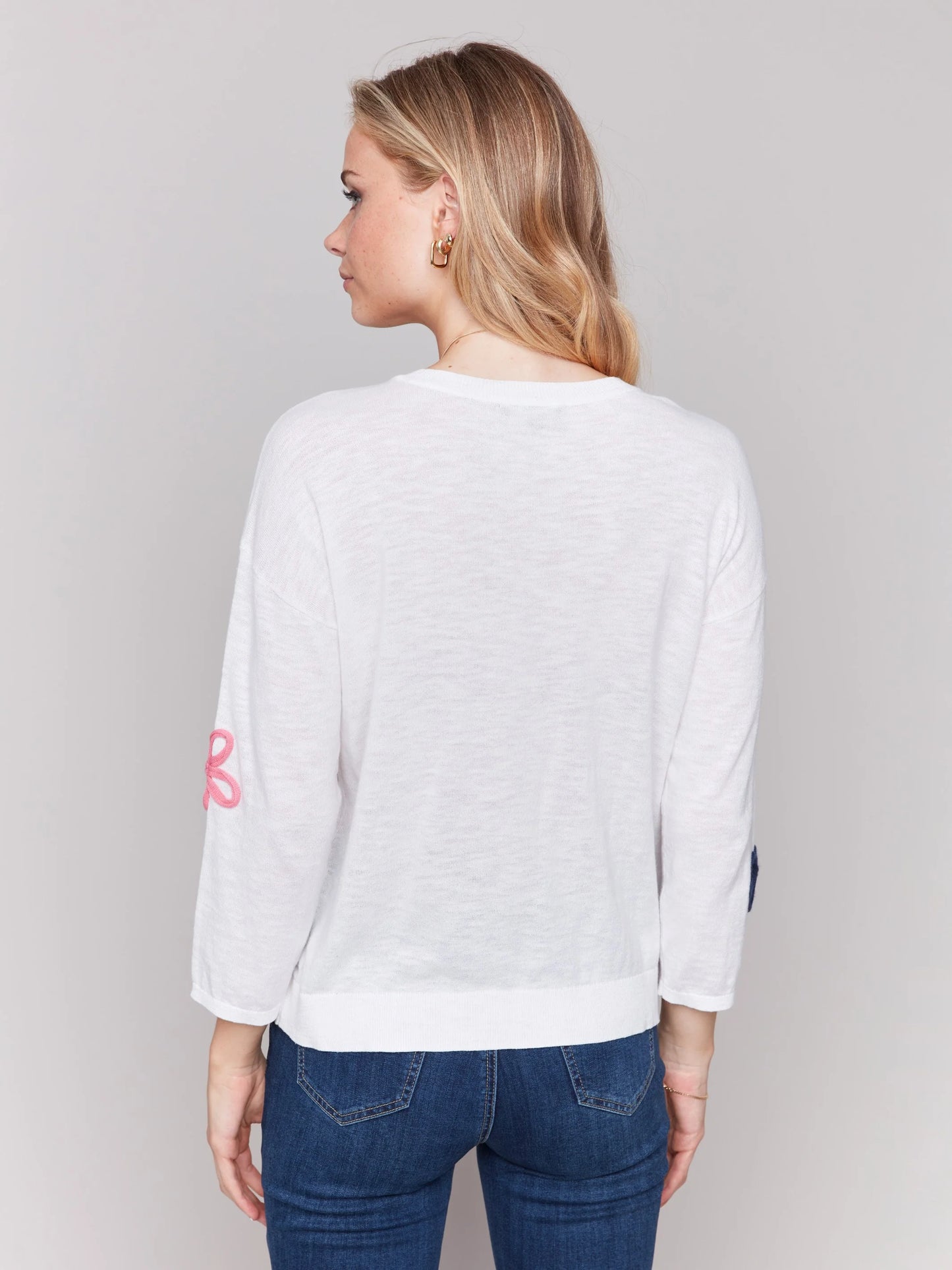 C.B C2643R Cotton Sweater with Flower Patches