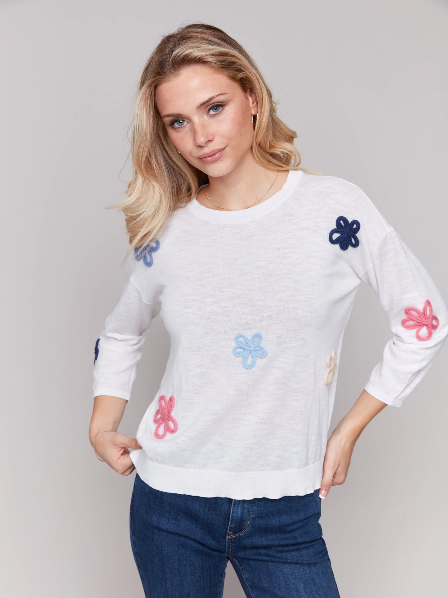 C.B C2643R Cotton Sweater with Flower Patches
