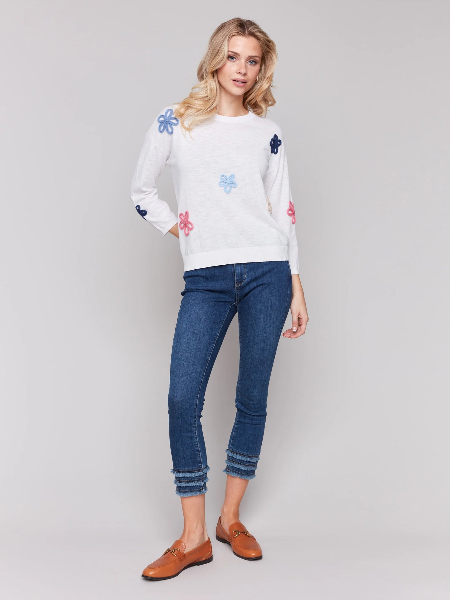 C.B C2643R Cotton Sweater with Flower Patches