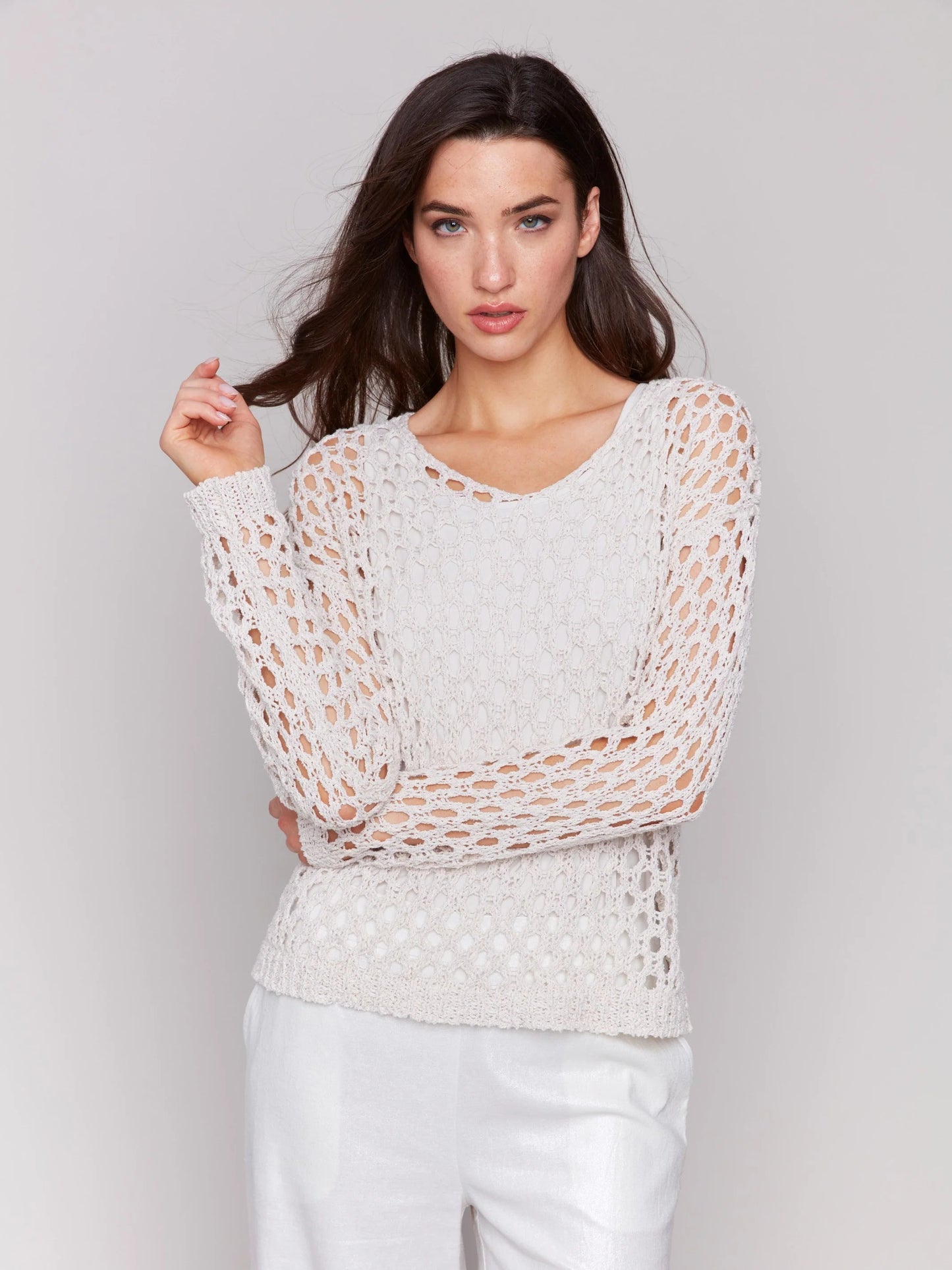 C.B C2796 Braided Fishnet V-Neck Sweater