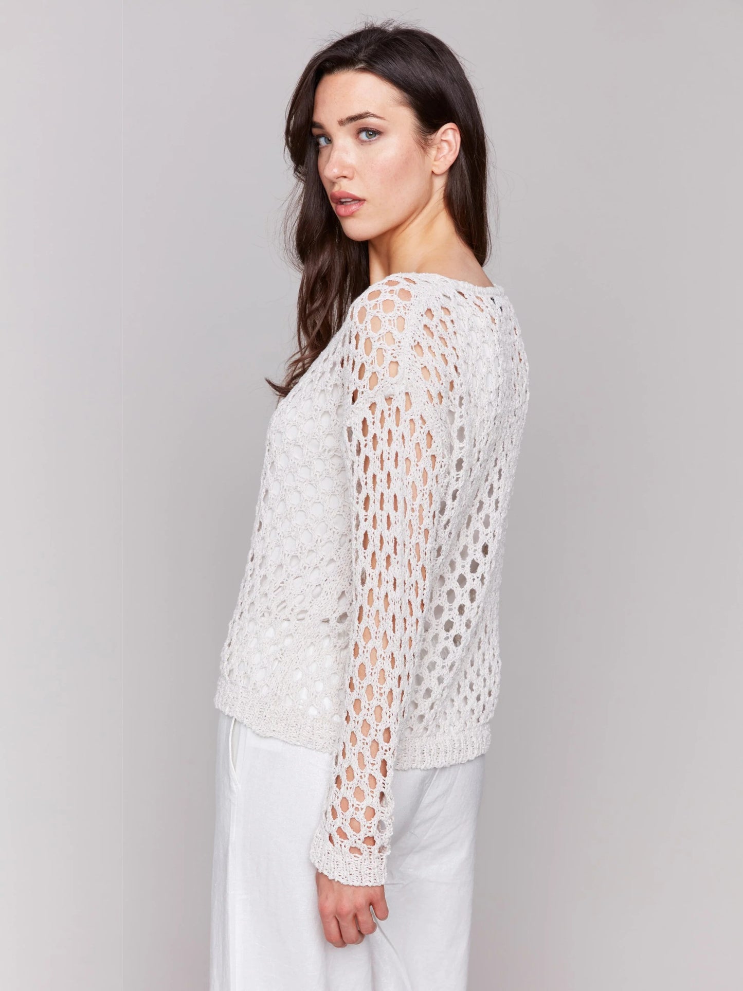 C.B C2796 Braided Fishnet V-Neck Sweater