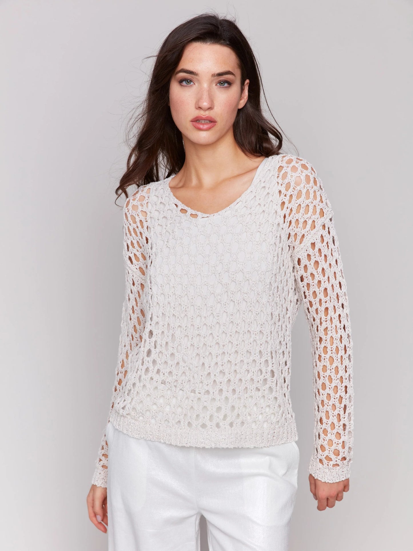 C.B C2796 Braided Fishnet V-Neck Sweater