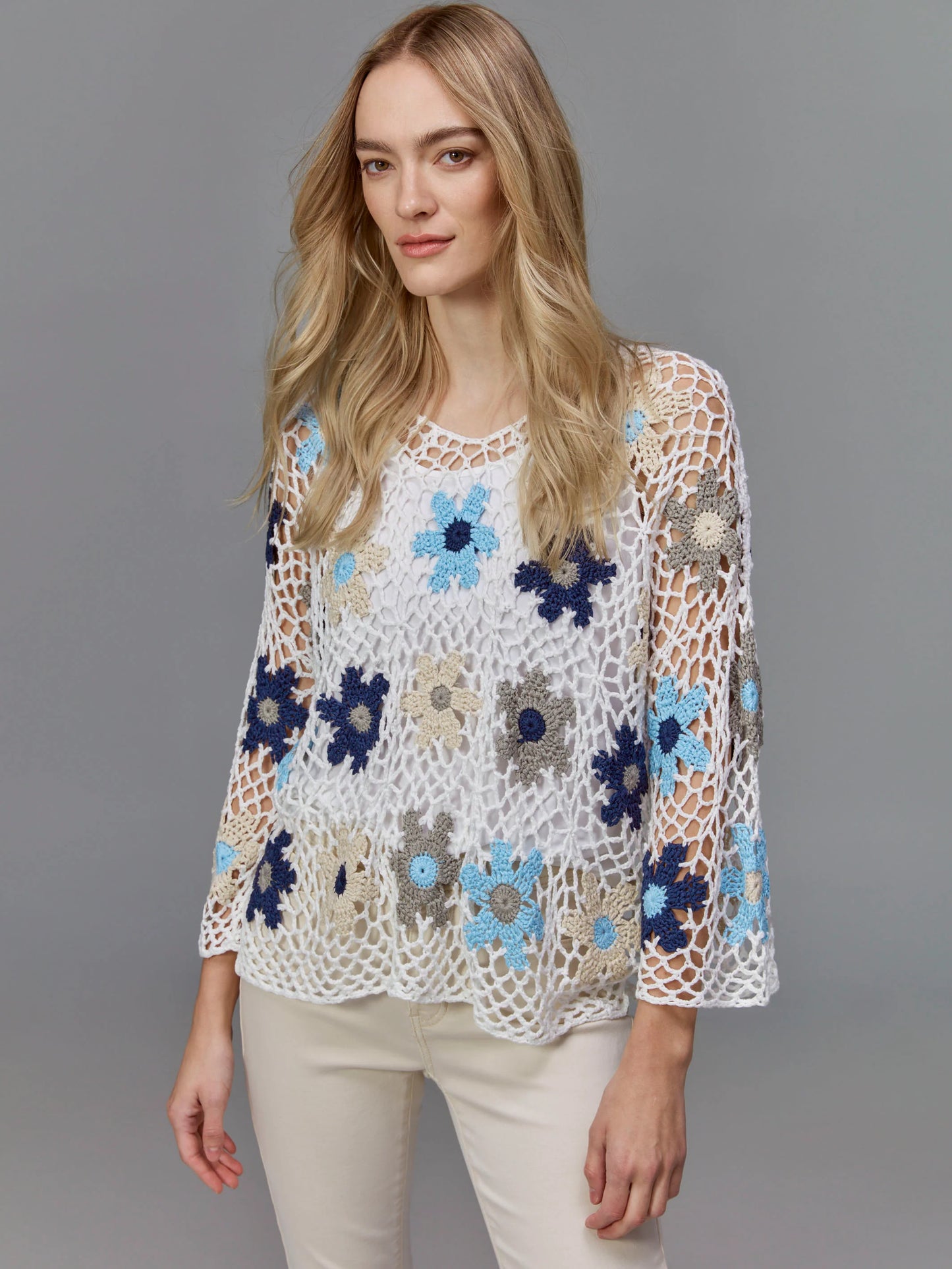 C.B C2808 Handcrafted Floral Crochet Top