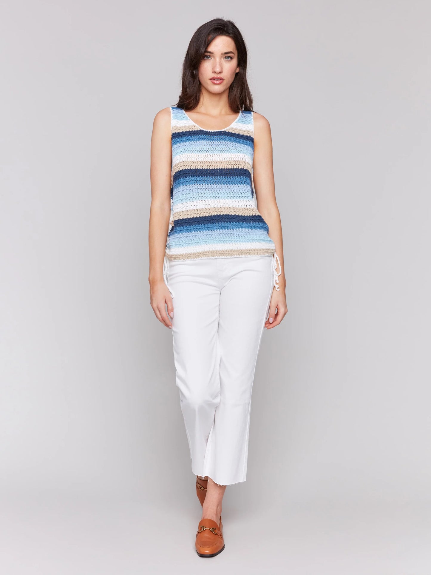 C.B C2810 Sleeveless Striped Crochet Top with Side Ties