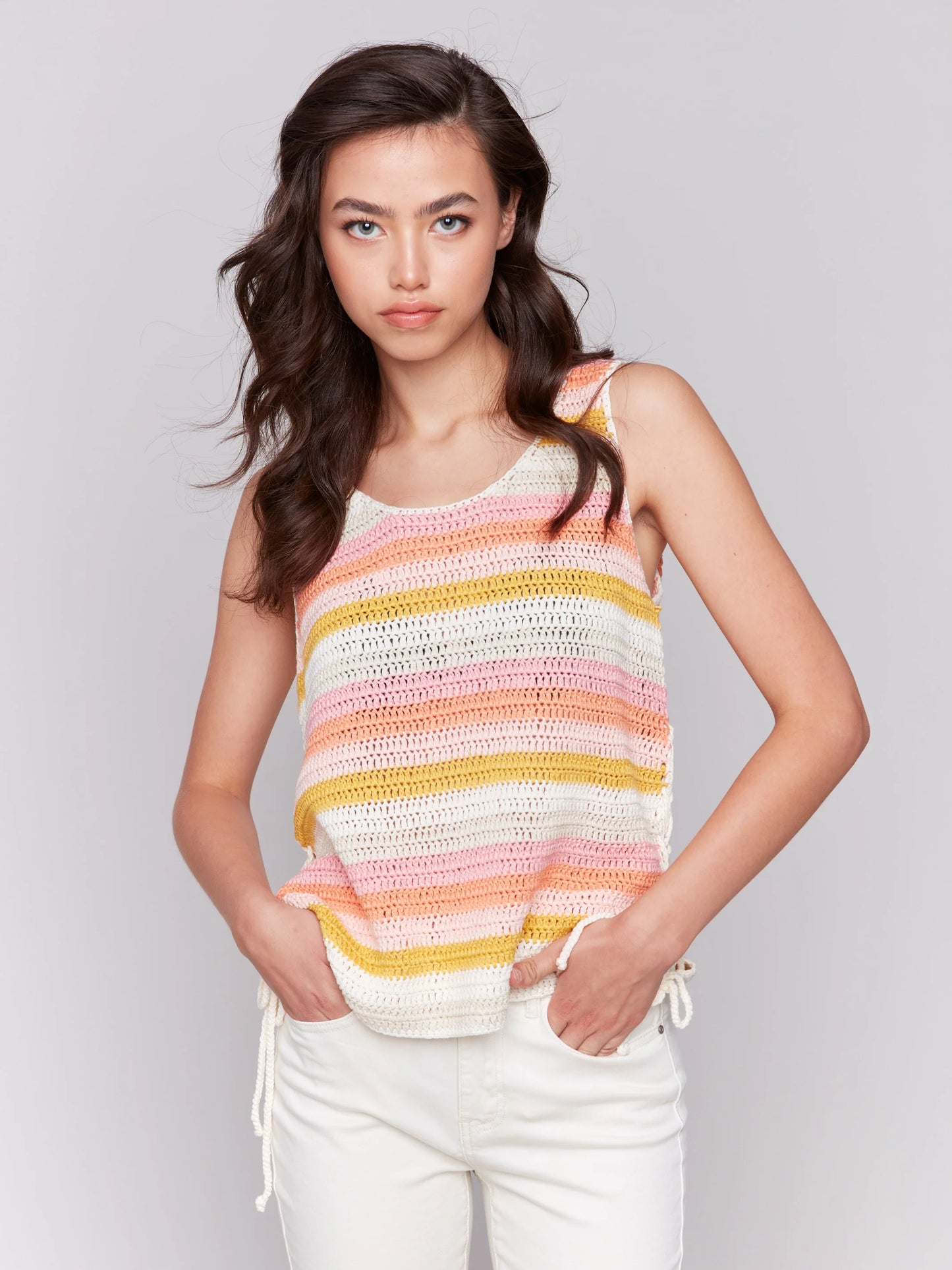 C.B C2810 Sleeveless Striped Crochet Top with Side Ties
