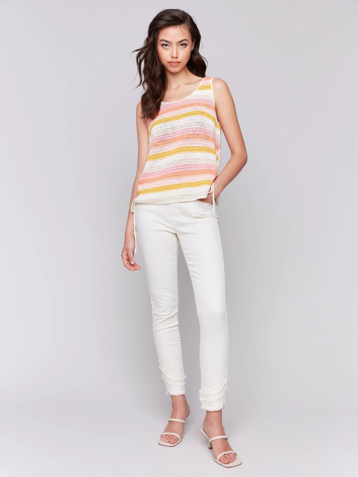 C.B C2810 Sleeveless Striped Crochet Top with Side Ties