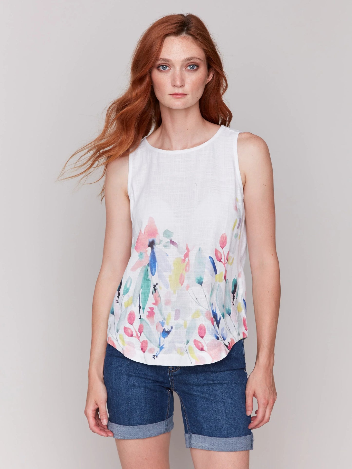 C.B C4588B Floral Print Sleeveless Top with Rounded Hem