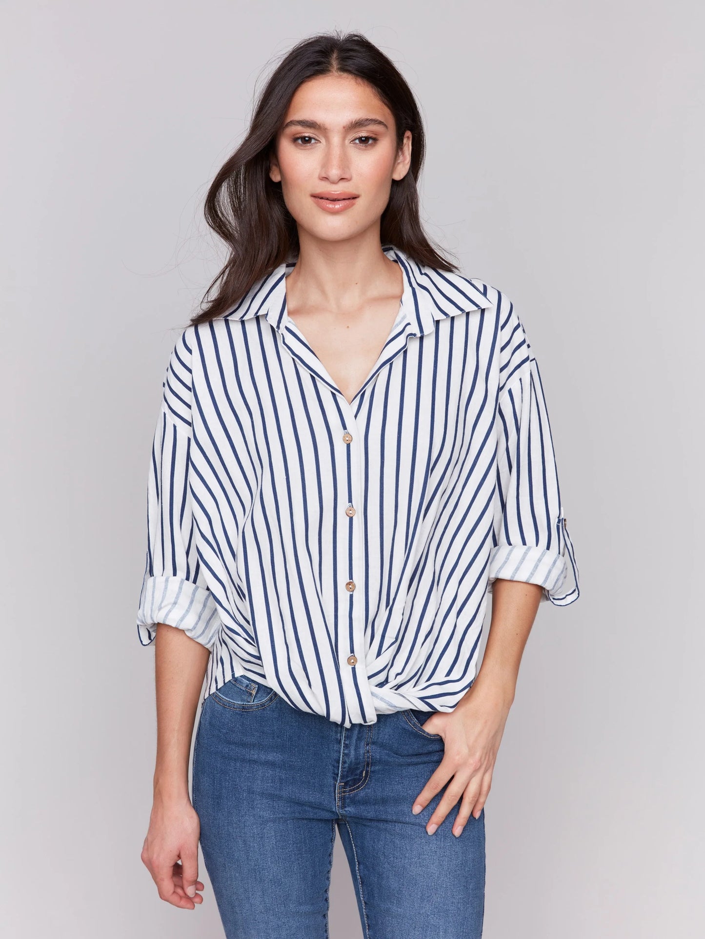 C.B C4604 Striped Linen Blend Shirt with Front Twist Detail