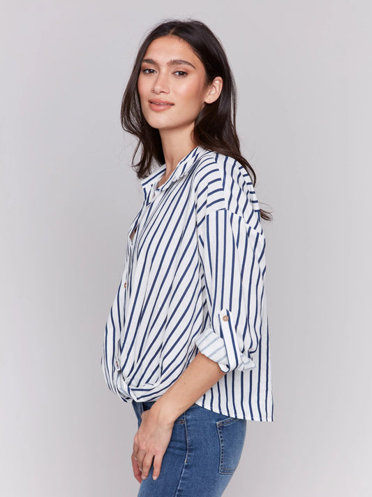 C.B C4604 Striped Linen Blend Shirt with Front Twist Detail