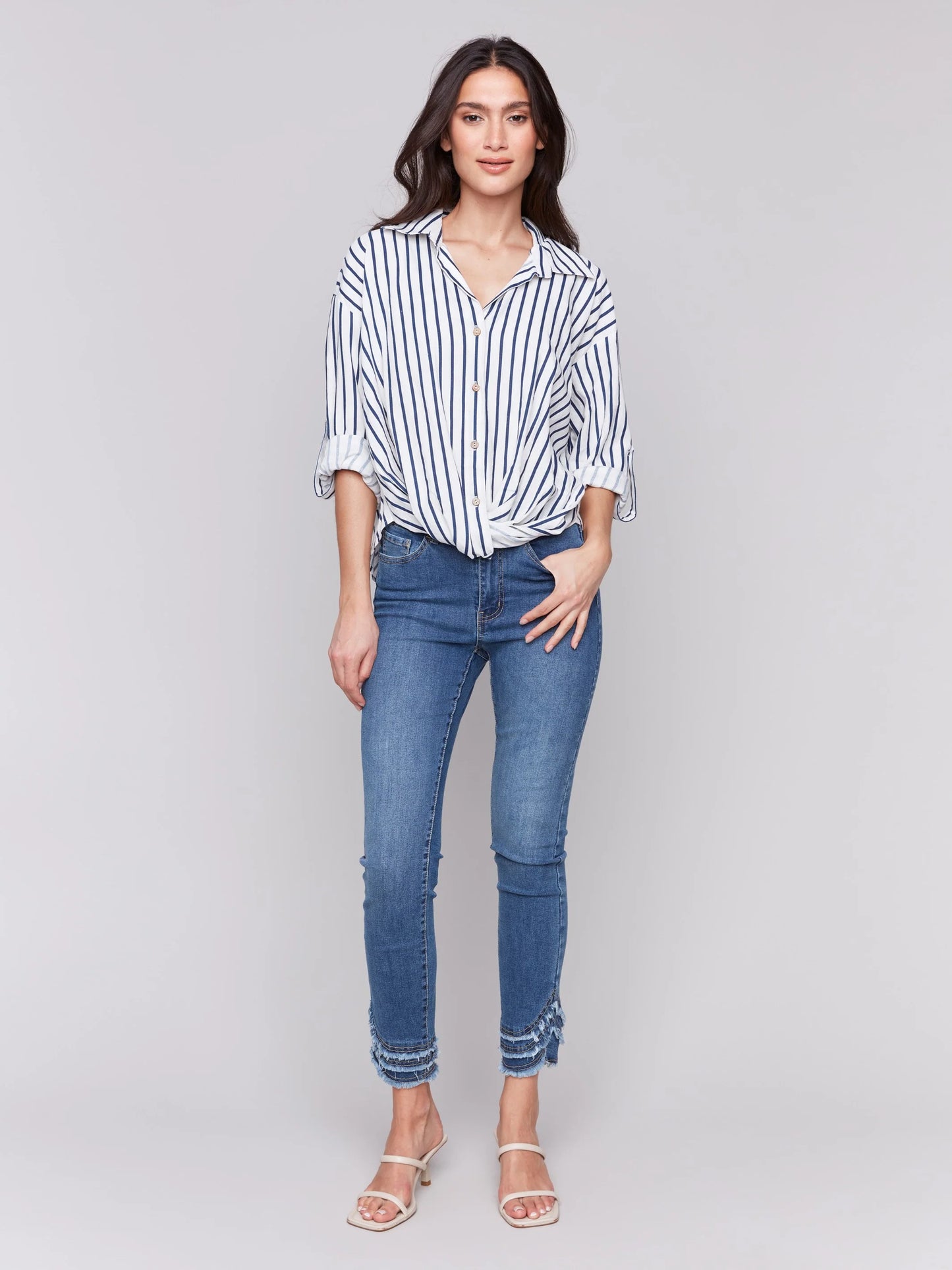 C.B C4604 Striped Linen Blend Shirt with Front Twist Detail