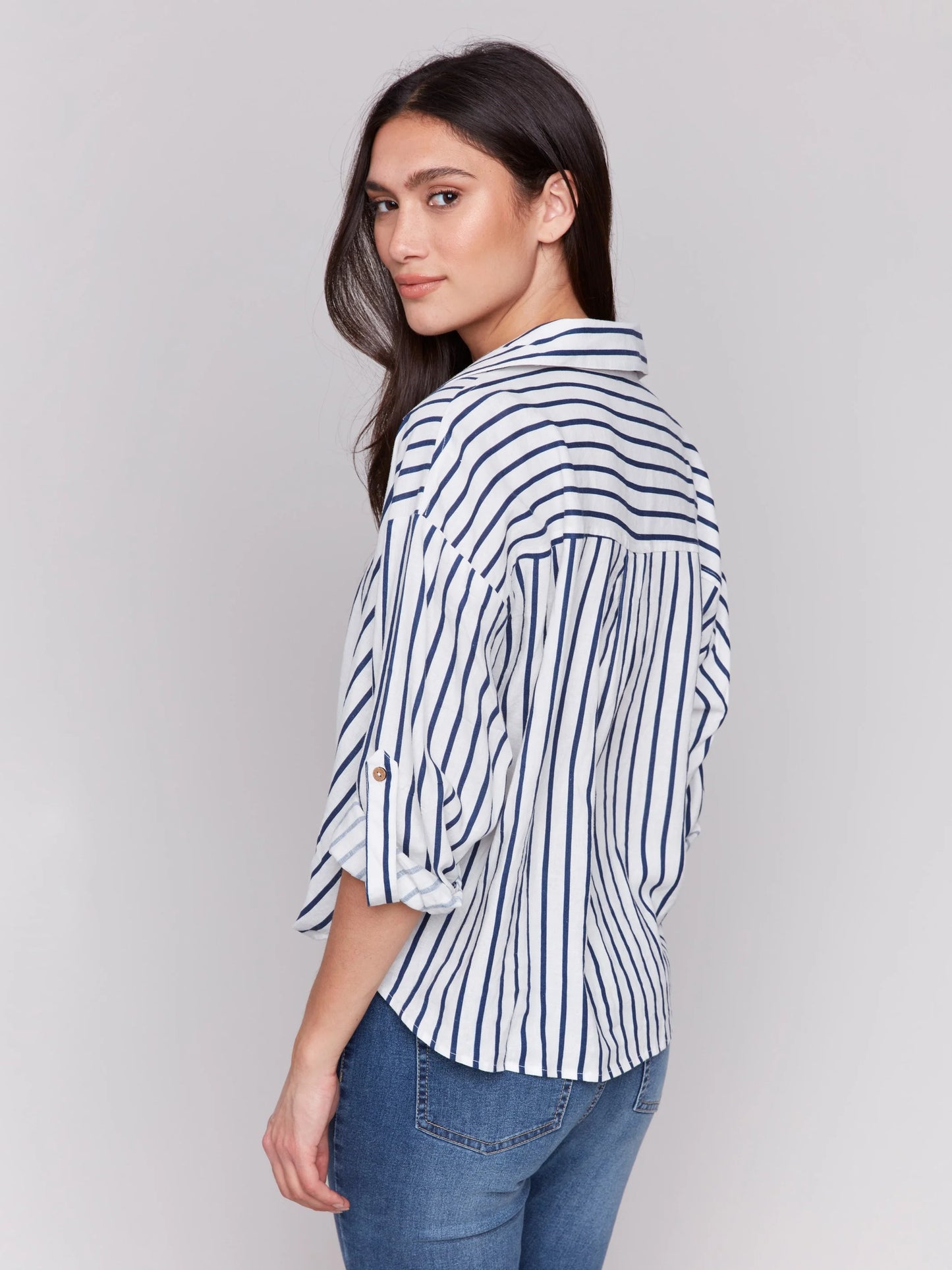C.B C4604 Striped Linen Blend Shirt with Front Twist Detail
