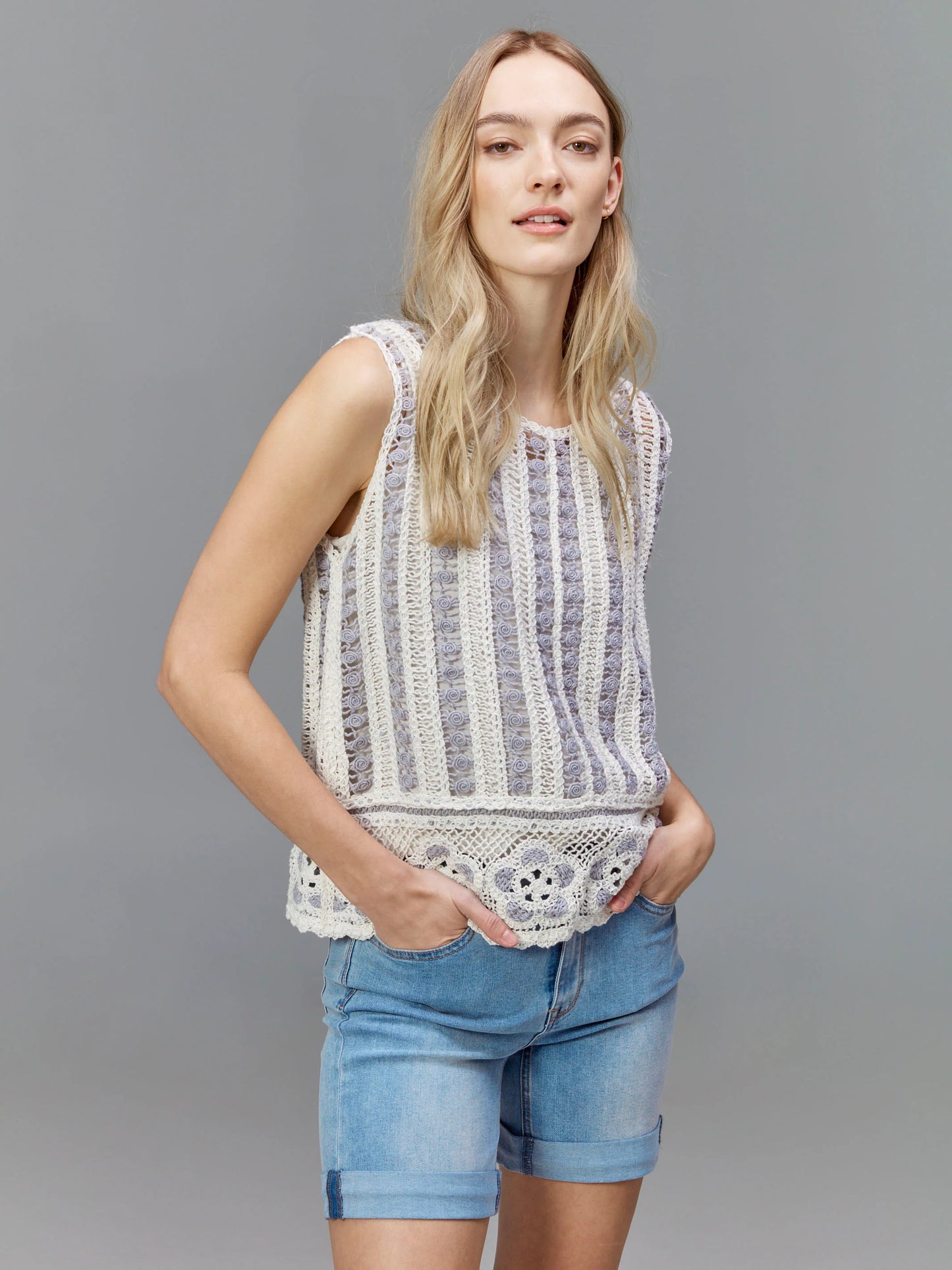 C.B C4610 Sleeveless Floral Border Crochet Top
