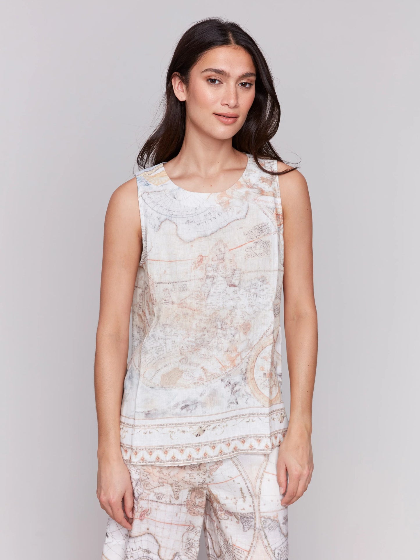 C.B C4623 Printed Sleeveless Linen Blend Top