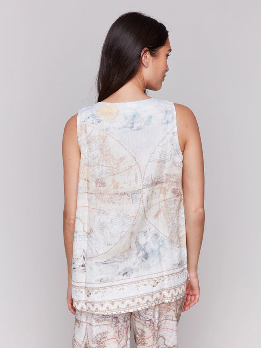 C.B C4623 Printed Sleeveless Linen Blend Top