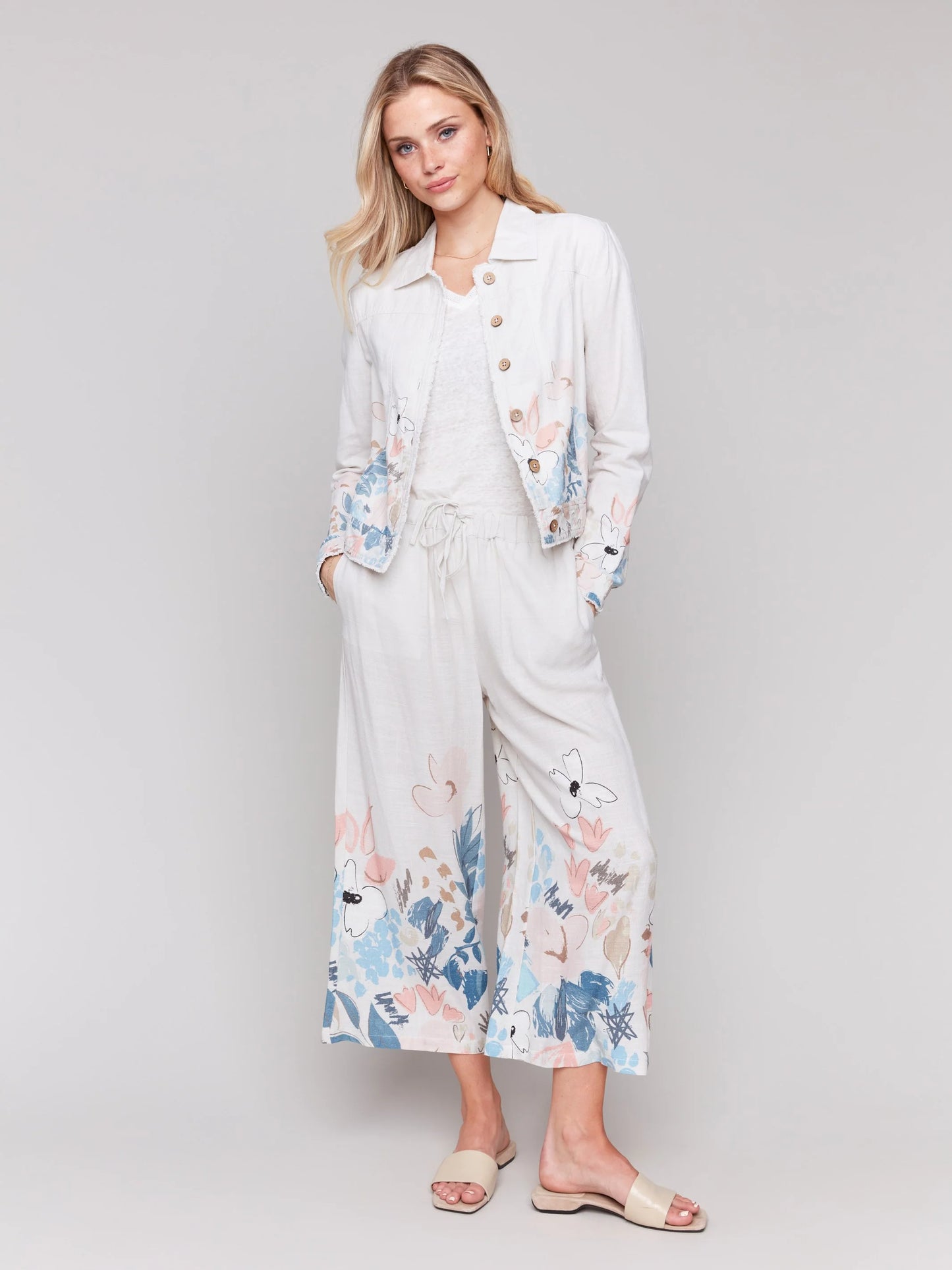C.B C5657BY Pull-On Printed Linen Blend Pants