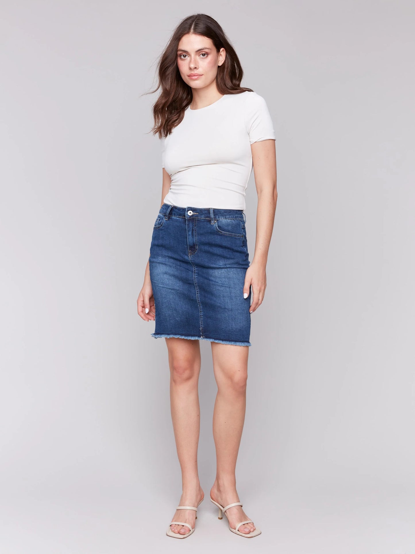 C.B C7042T Stretch Denim Skort with Frayed Hem