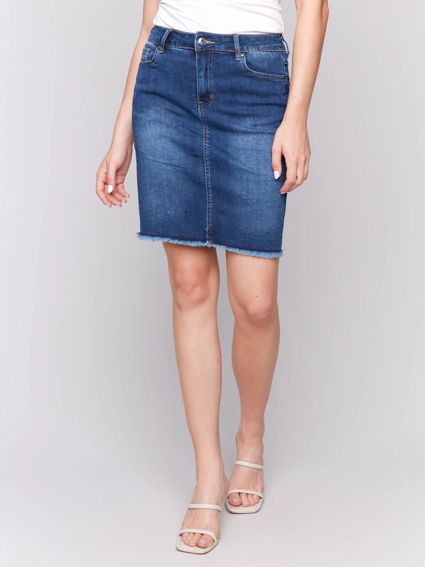 C.B C7042T Stretch Denim Skort with Frayed Hem