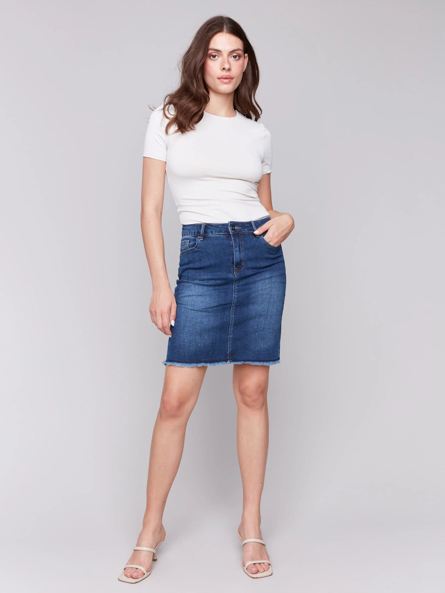 C.B C7042T Stretch Denim Skort with Frayed Hem