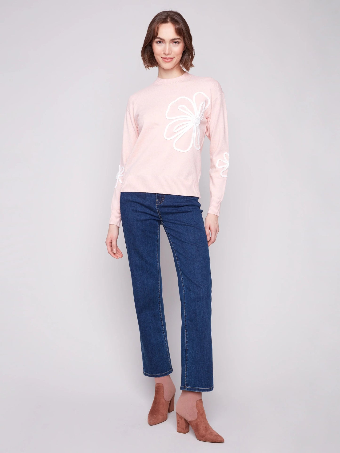 C.B C2857 Crew Neck Floral Soutache Sweater