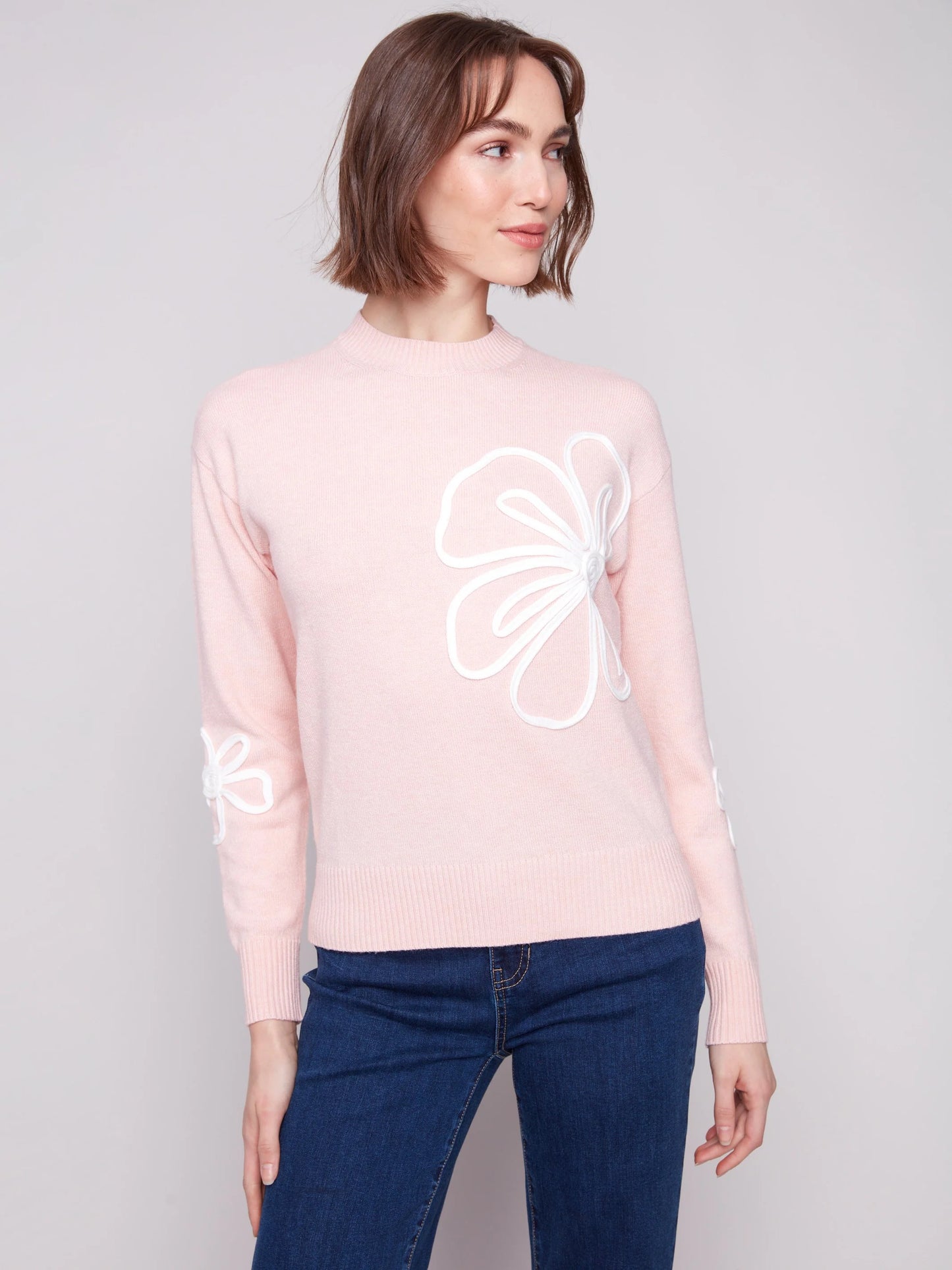 C.B C2857 Crew Neck Floral Soutache Sweater