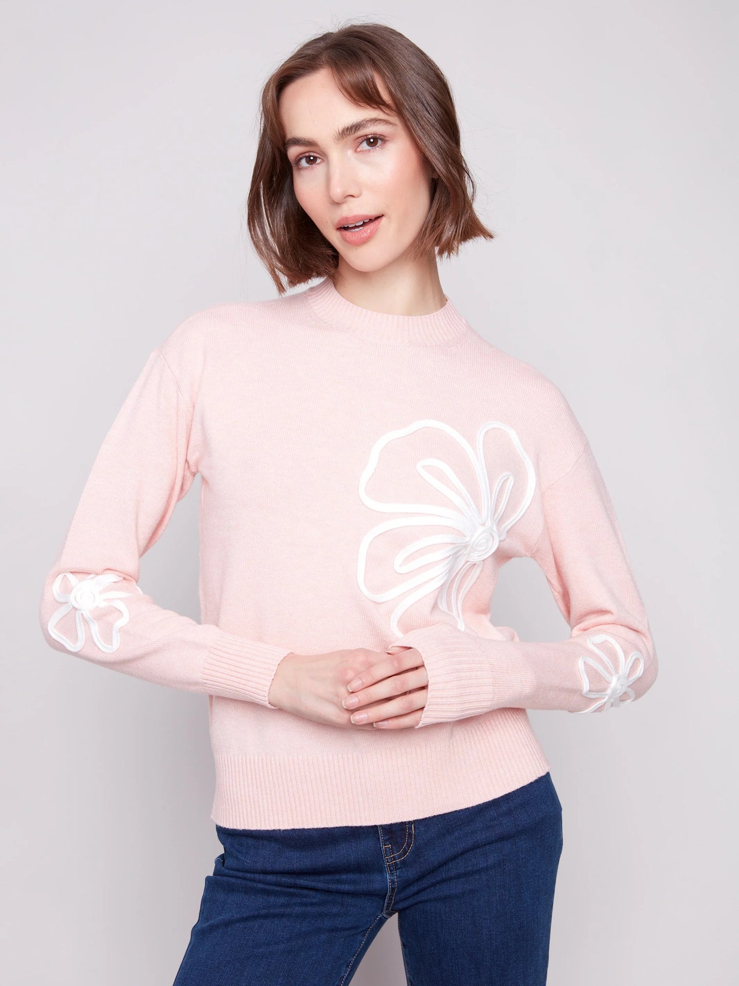 C.B C2857 Crew Neck Floral Soutache Sweater