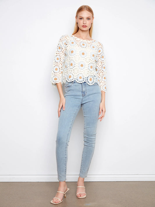 C.B C2941 Floral Hand-Crochet Sweater