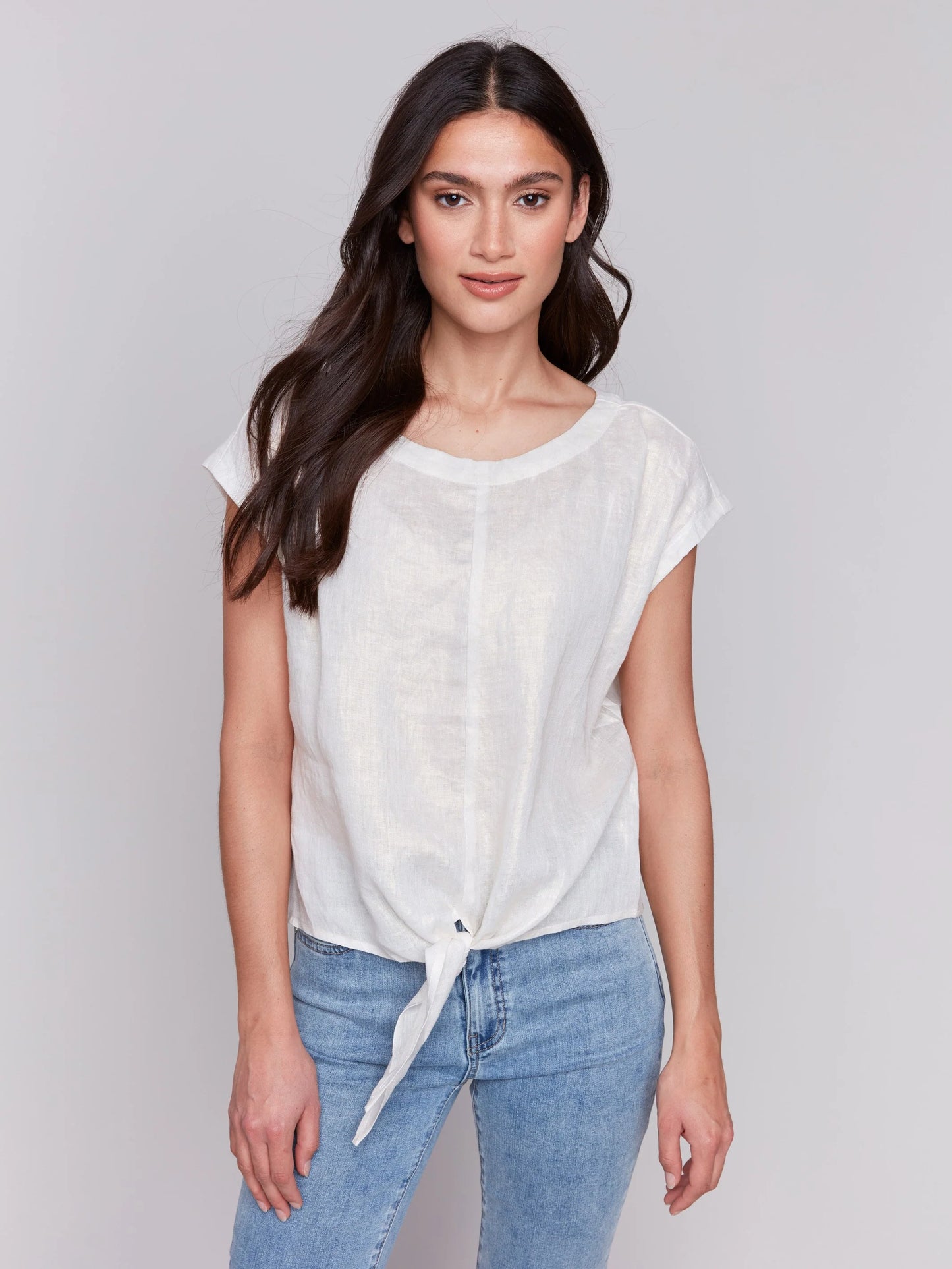 C.B C4271 Foiled Linen Blend Tie-Front Blouse