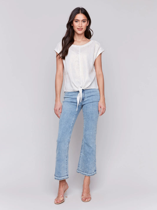 C.B C4271 Foiled Linen Blend Tie-Front Blouse