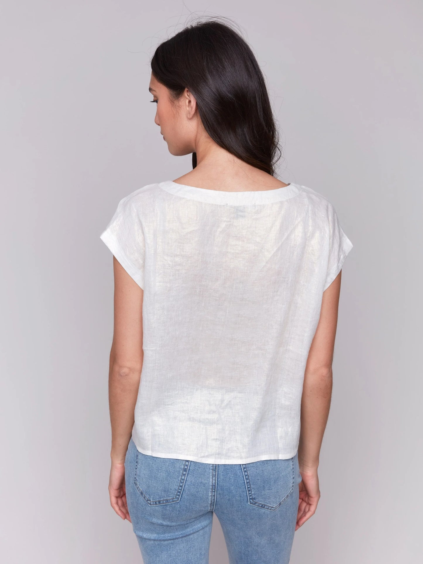 C.B C4271 Foiled Linen Blend Tie-Front Blouse