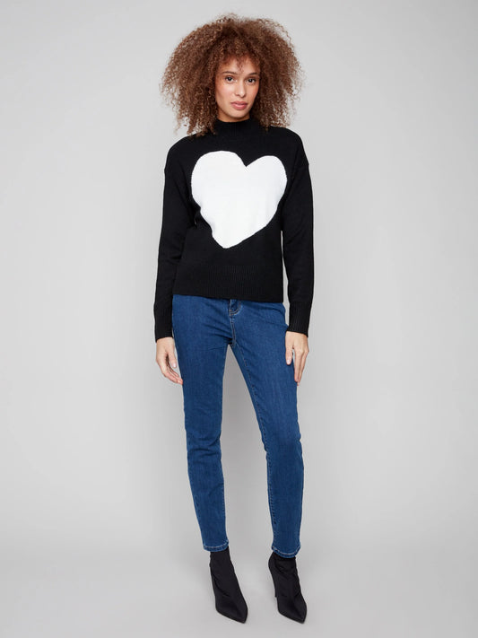C.B C2896 Heart Mock Neck Drop Shoulder Sweater