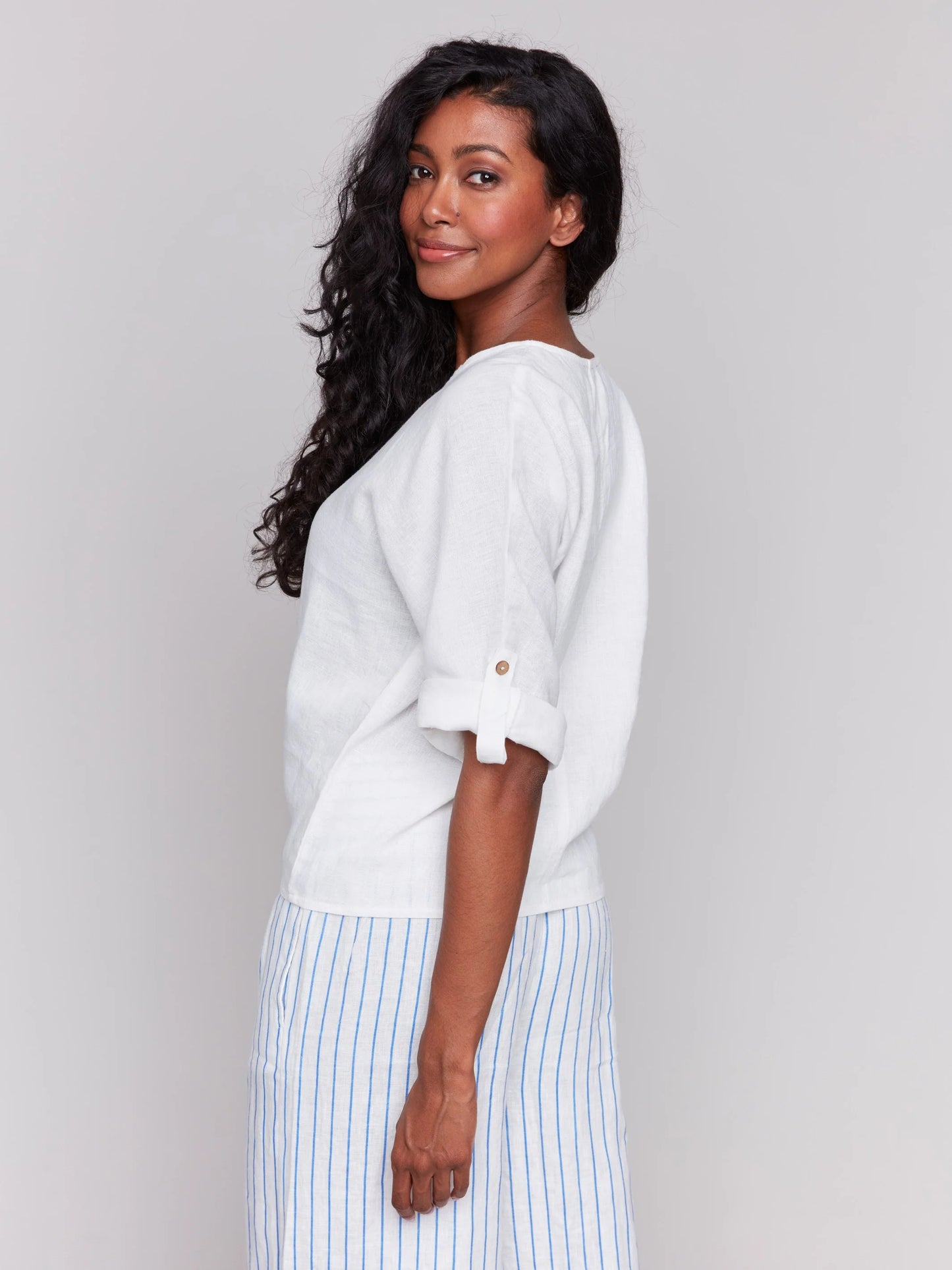 C.B C4603 Linen Blend 3/4 Sleeve Top with Front Tie