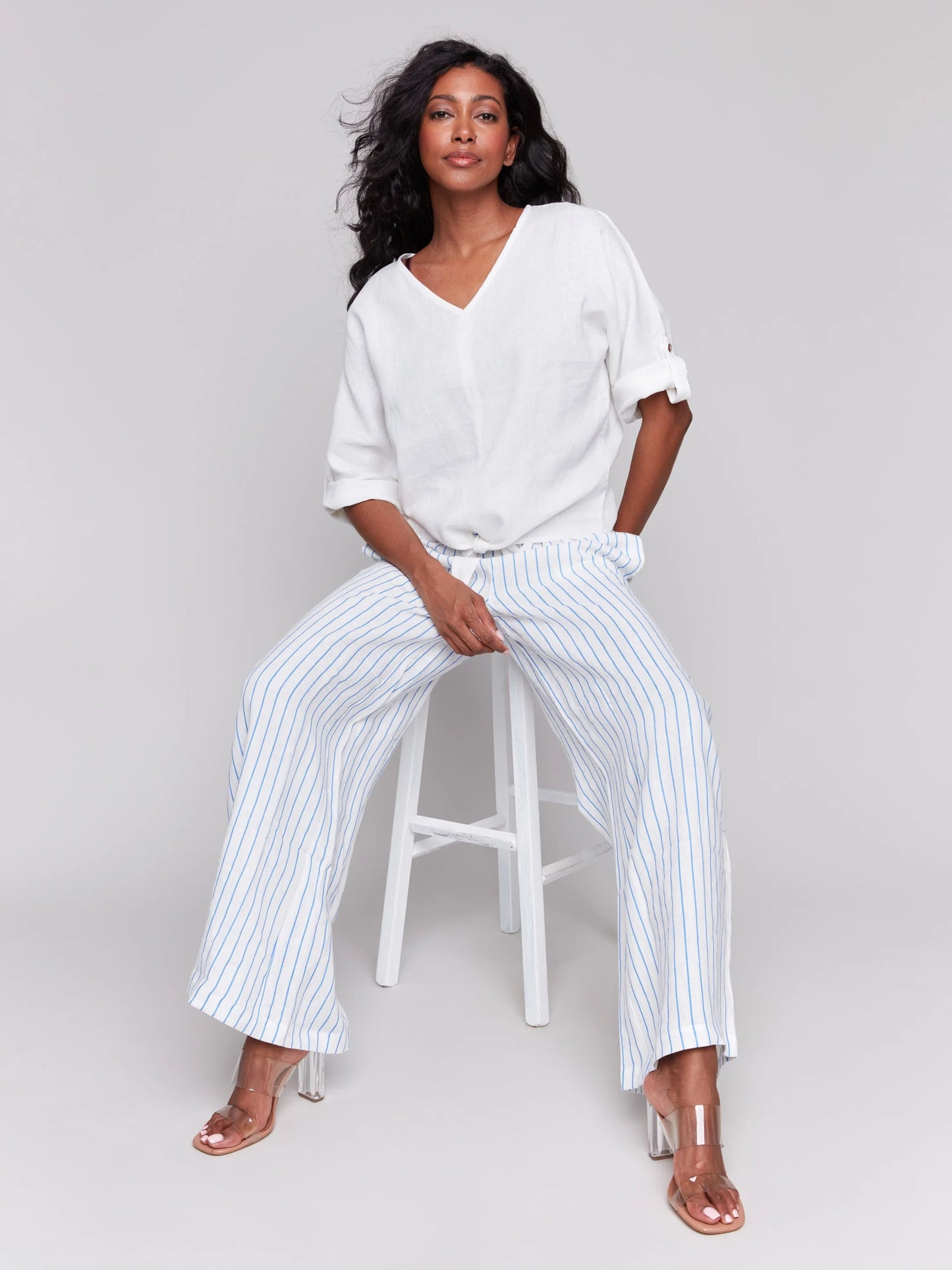 C.B C4603 Linen Blend 3/4 Sleeve Top with Front Tie