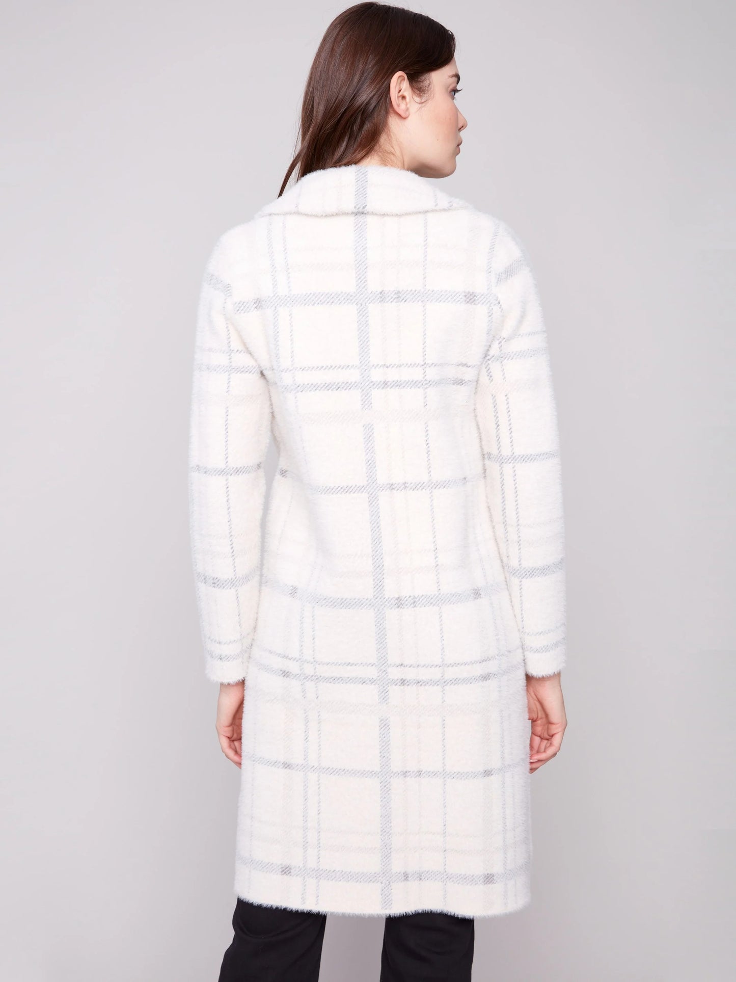 C.B C6326R Long Plaid Knit Coatigan