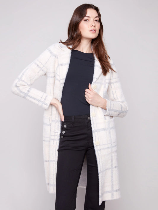 C.B C6326R Long Plaid Knit Coatigan