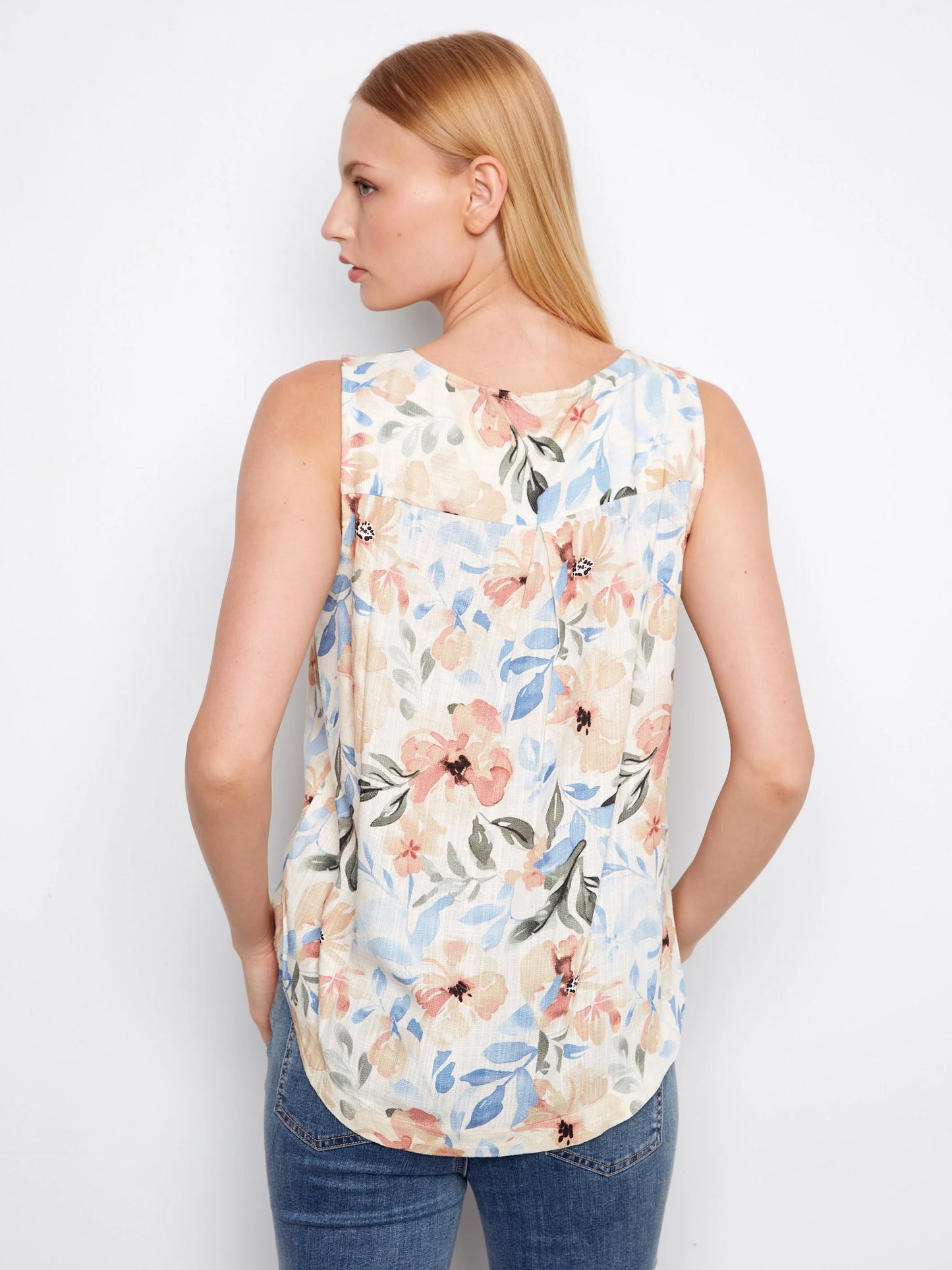 C.B C4588R Printed Sleeveless Linen Blend Blouse