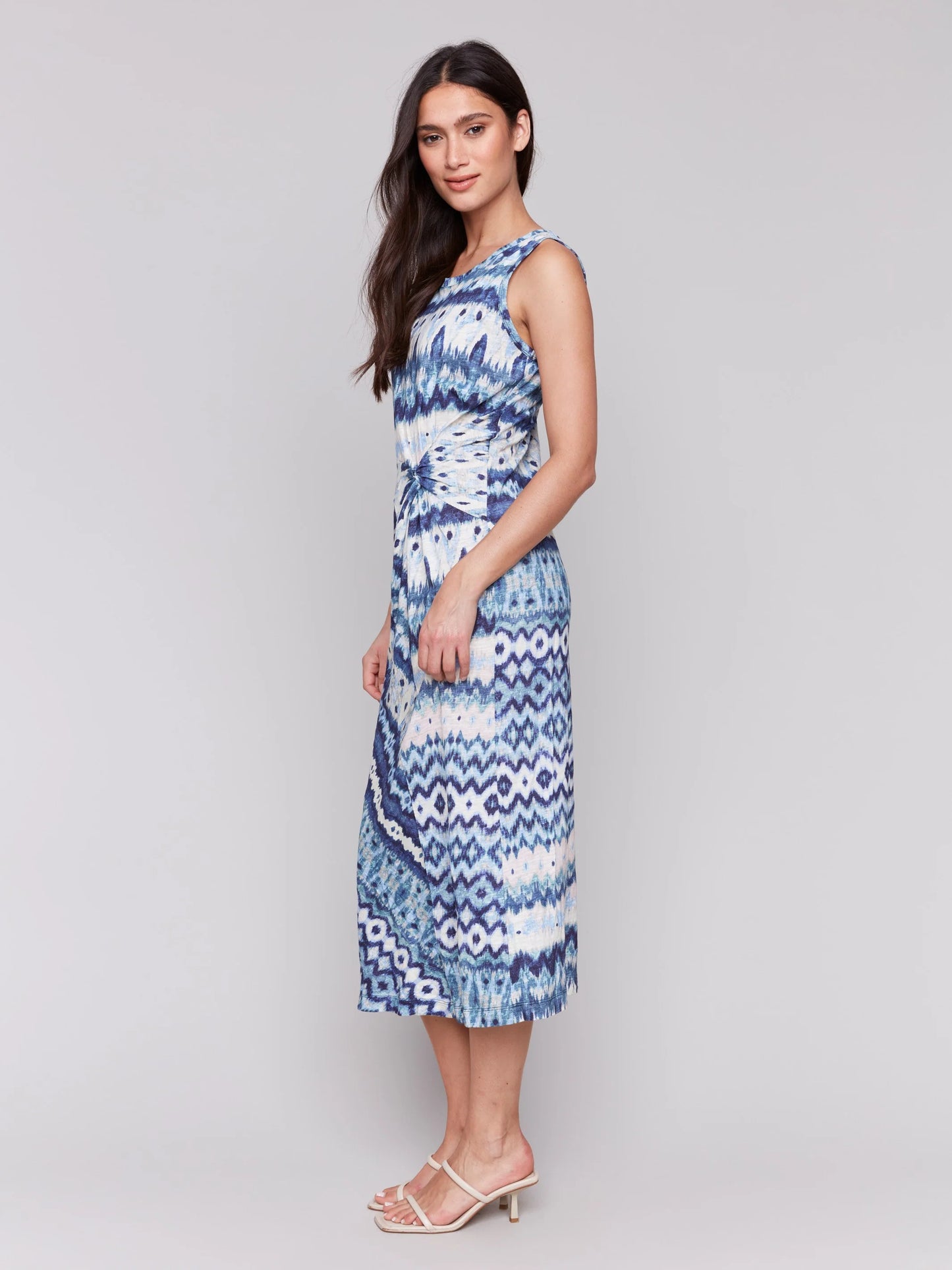 C.B C3206 Sleeveless Cotton Dress with Faux Knot Detail