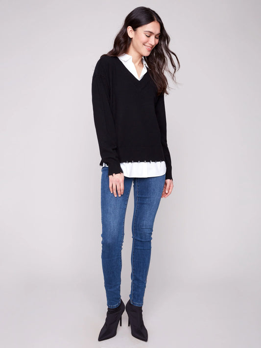 C.B C2568Y V-Neck Fooler Sweater With Shirt Collar