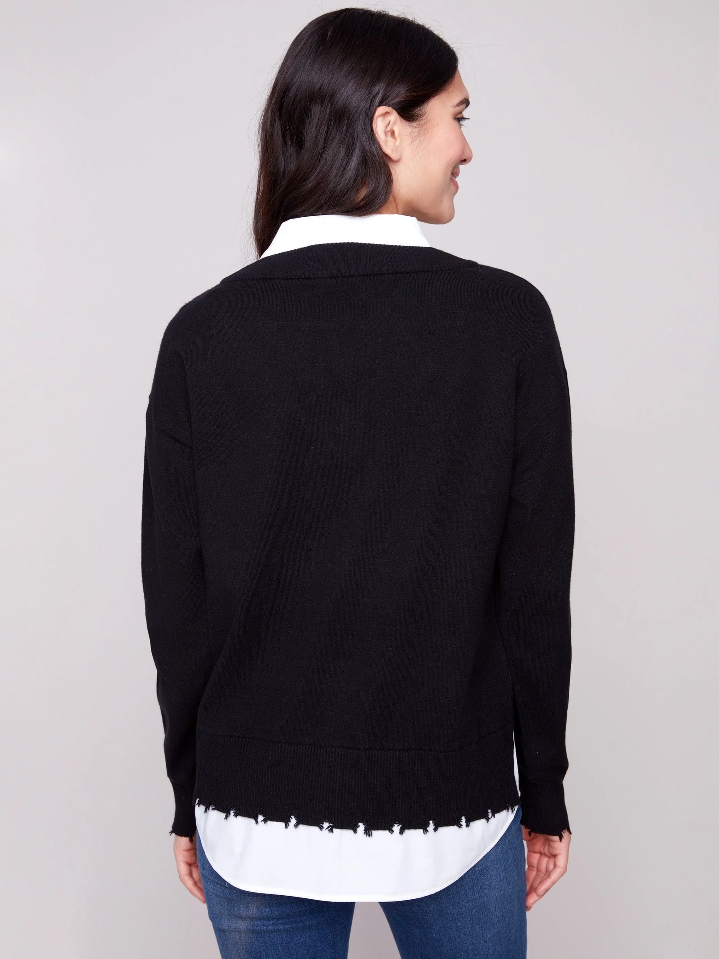 C.B C2568Y V-Neck Fooler Sweater With Shirt Collar