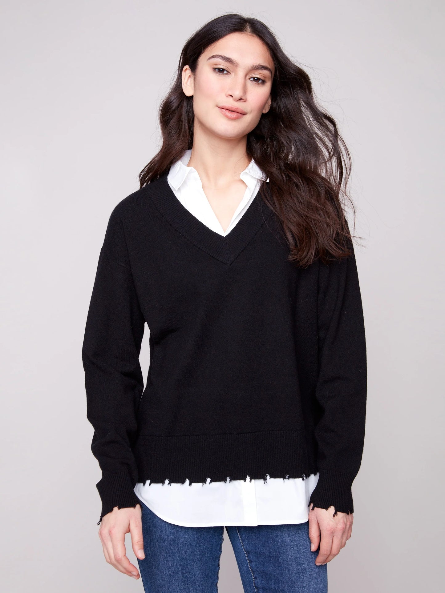 C.B C2568Y V-Neck Fooler Sweater With Shirt Collar