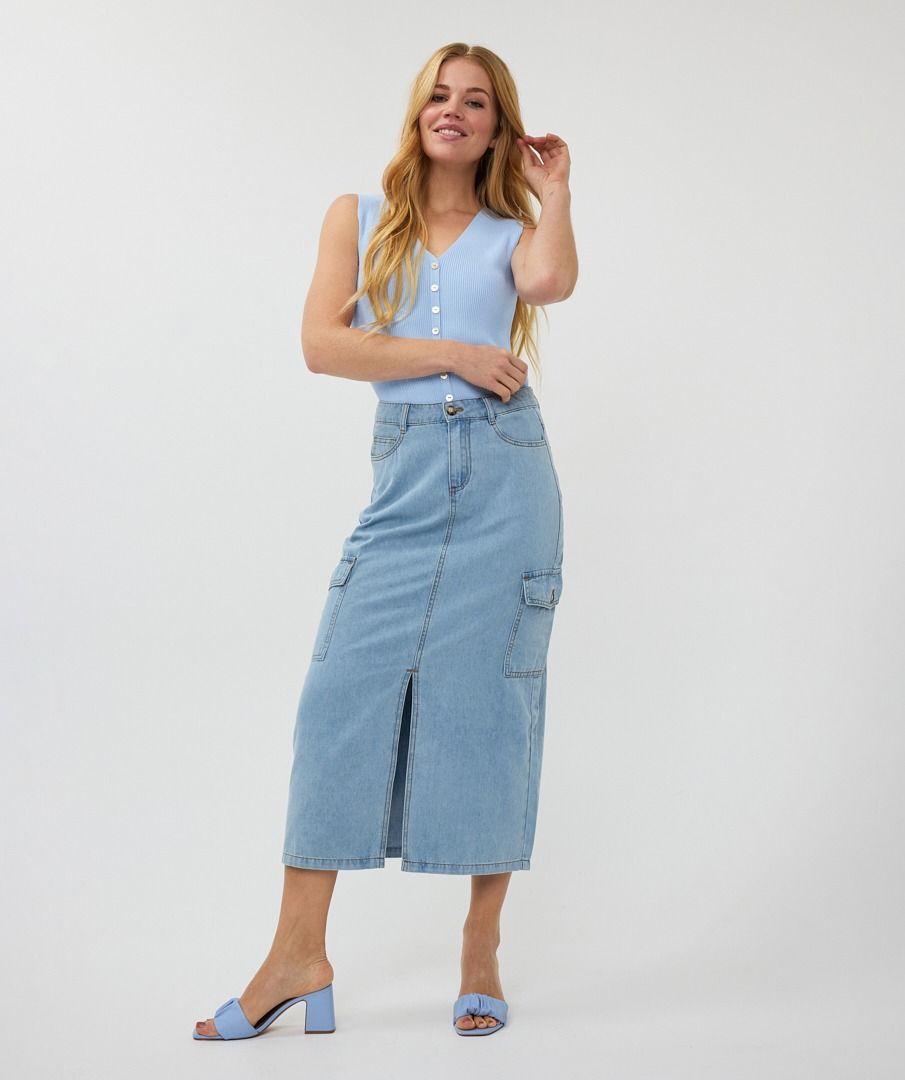 Esq 12013 Denim Midi Cargo Skirt