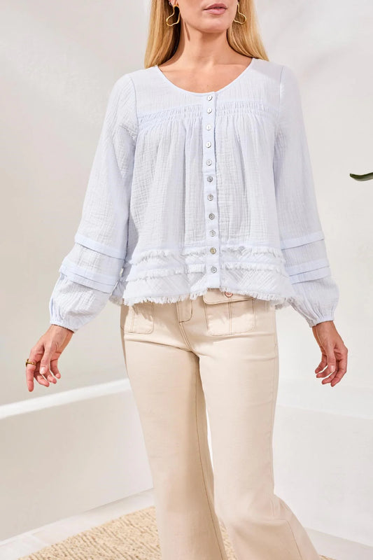 Tri 6165o Crinkle Gauze Button-Front Balloon Sleeve Frayed Hem Blouse