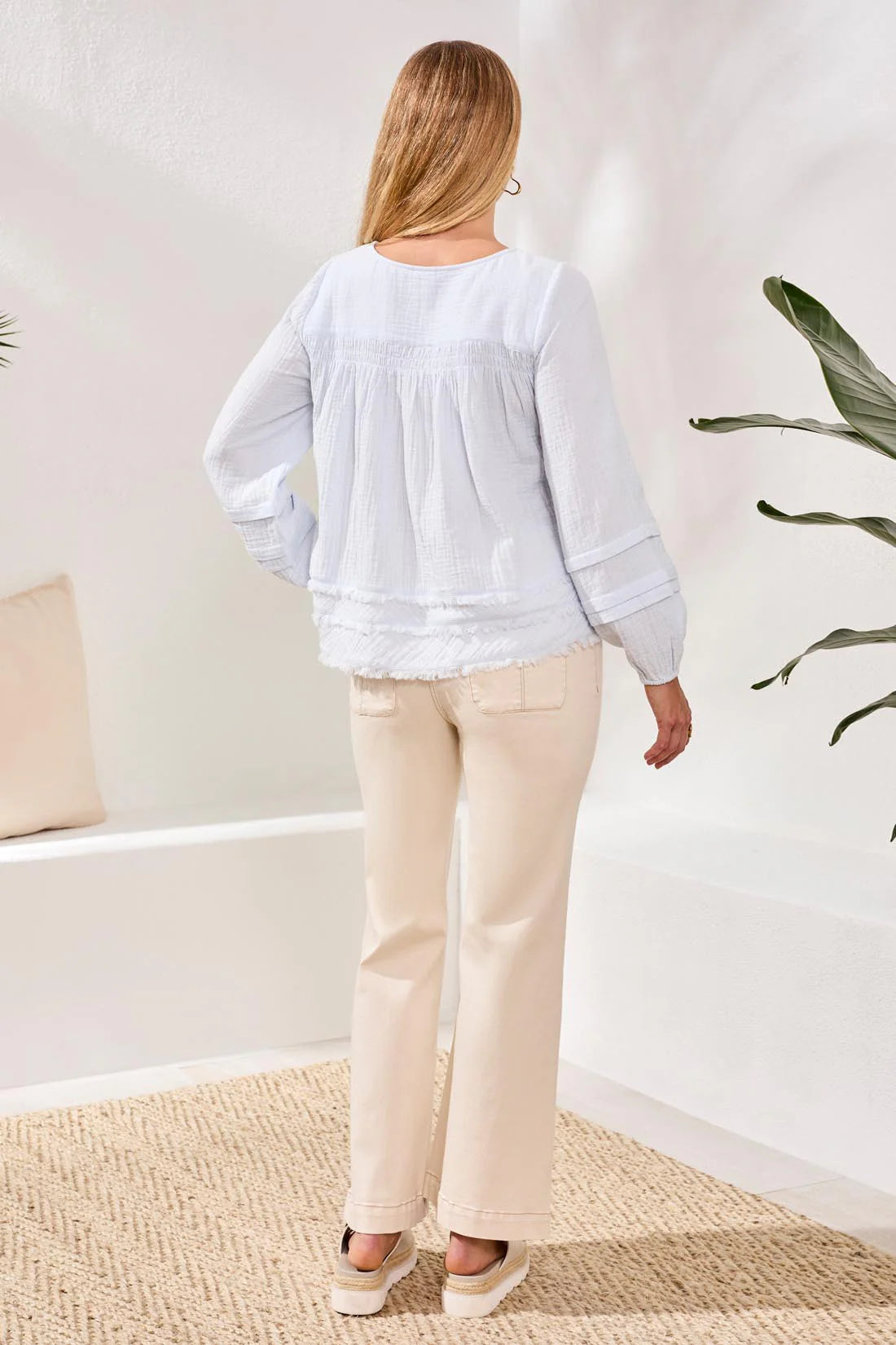 Tri 6165o Crinkle Gauze Button-Front Balloon Sleeve Frayed Hem Blouse