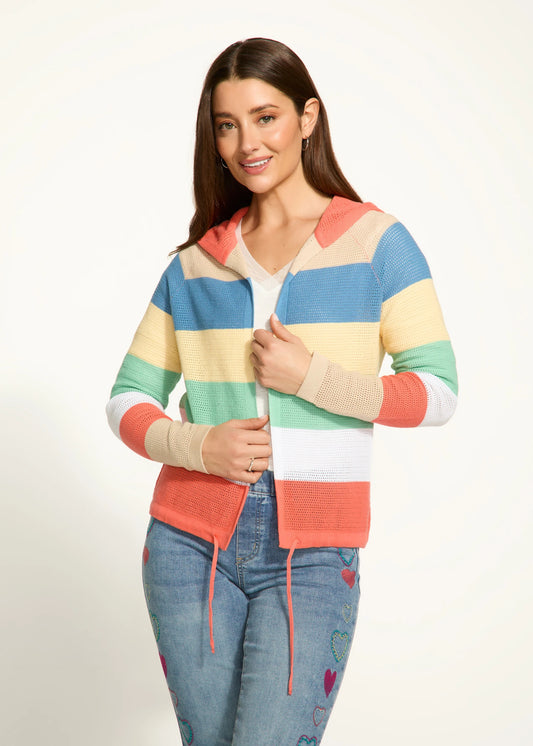 FDJ 1631314 Striped Pointelle Hooded Cardigan