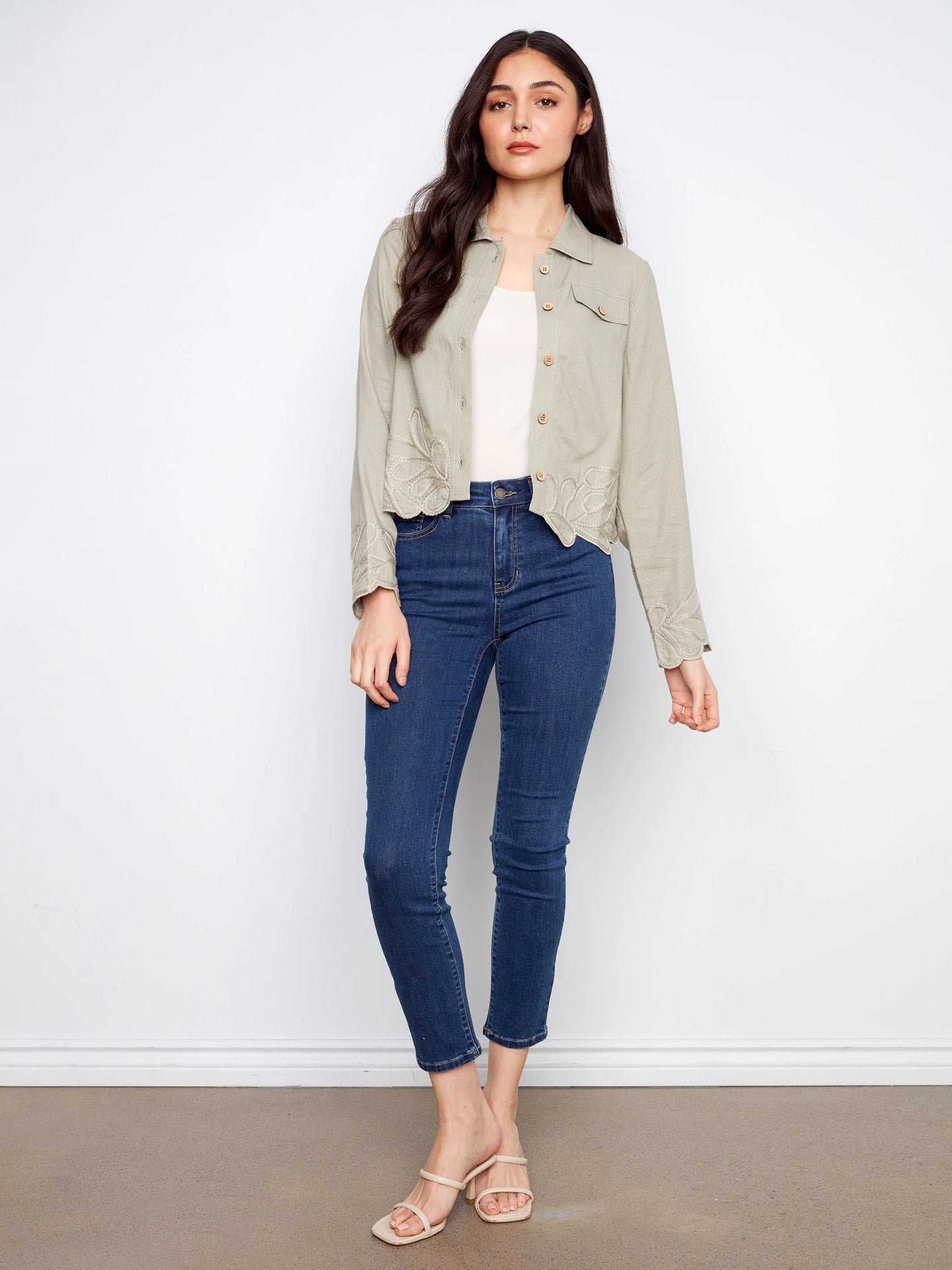 C.B C6398 Embroidered Hem Linen Blend Jacket