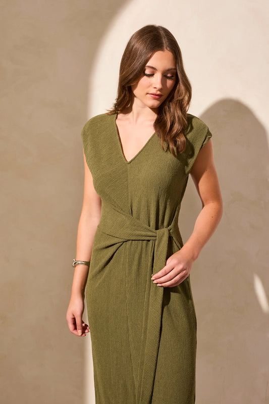 Tri 2139o Textured Short-Sleeve Midi Dress With Front Tie