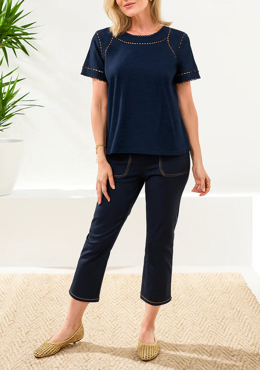 Tri 2466o Cotton Slub Short Sleeve Top With Lace Detail