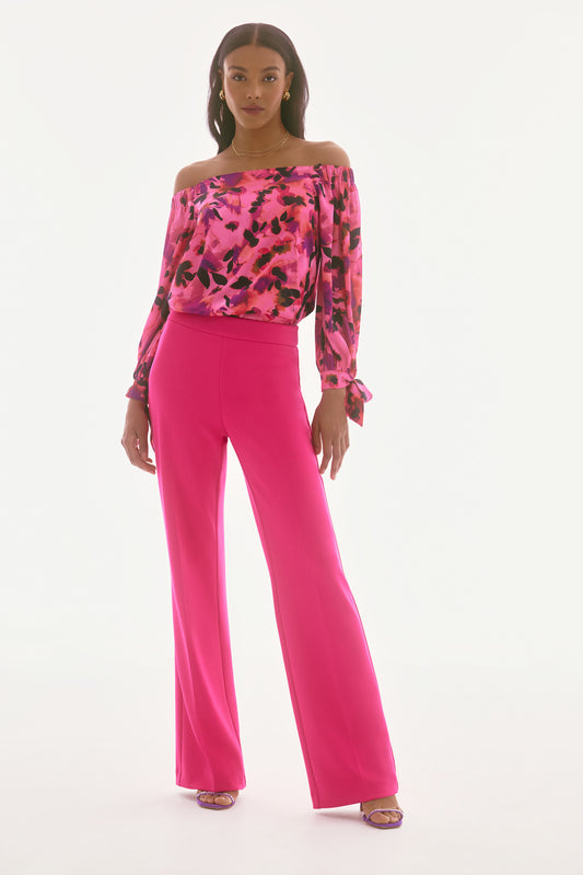 J.R 251784 Satin Floral Print Off-Shoulder Top