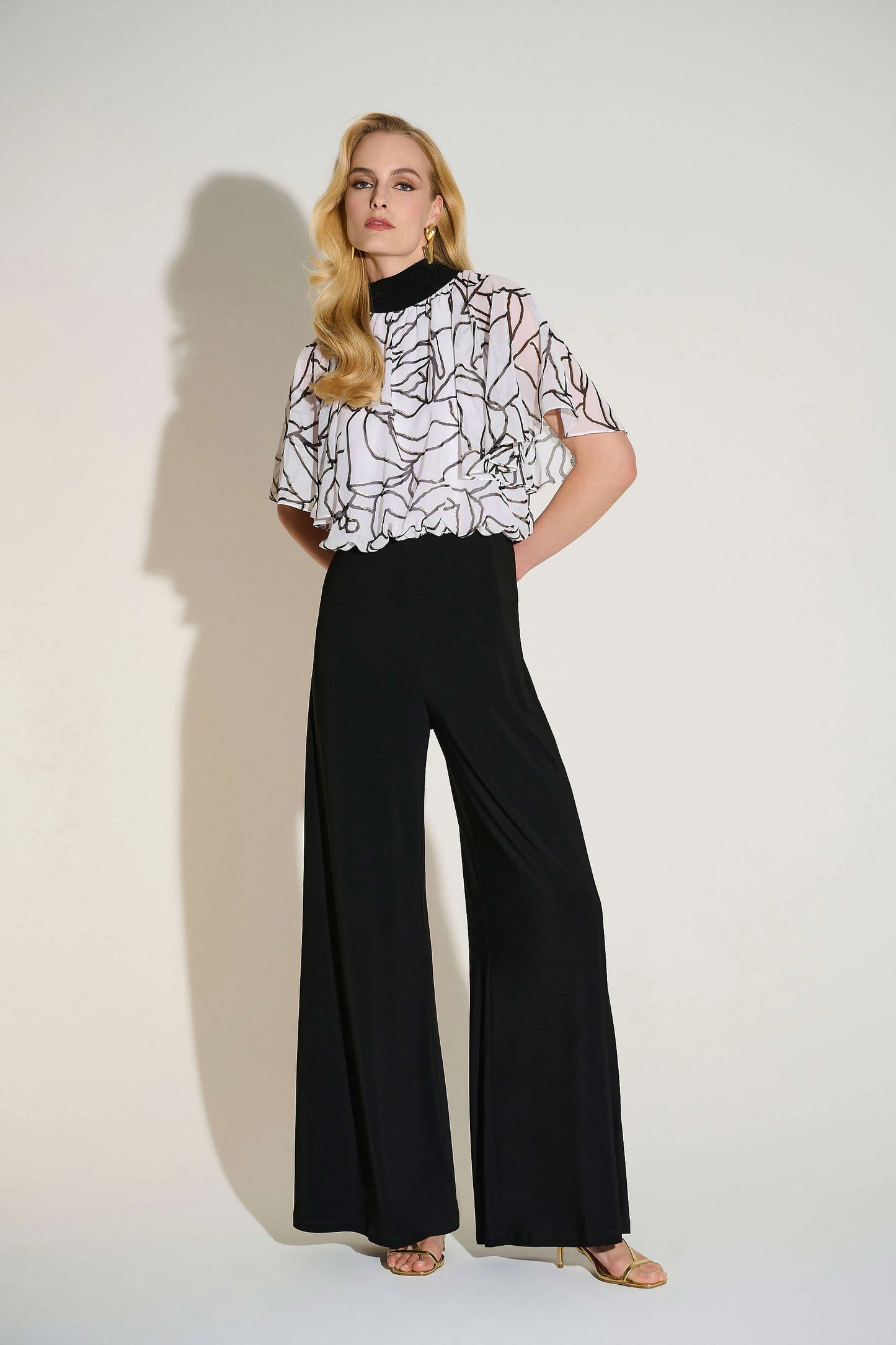J.R 253733 Signature | Foiled Chiffon & Silky Knit Wide Leg Jumpsuit